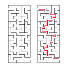 Black rectangular labyrinth with an input and an exit. An interesting and useful game for children. Simple flat vector illustration isolated on white background. With the answer.