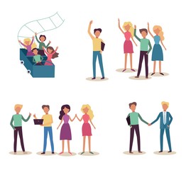 Teamwork set with smiling successful people waving hands and showing okay gesture and team riding together on roller coaster in flat vector illustration isolated on white background.