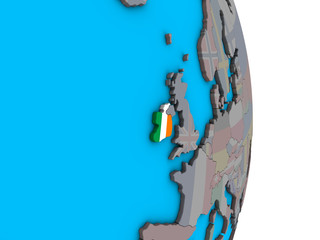 Ireland with embedded national flag on simple political 3D globe.