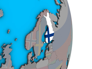 Finland with embedded national flag on simple political 3D globe.