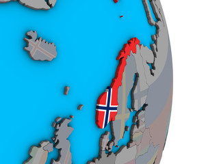 Norway with embedded national flag on simple political 3D globe.
