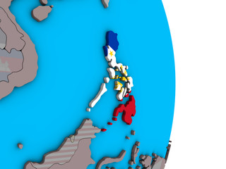 Philippines with embedded national flag on simple political 3D globe.