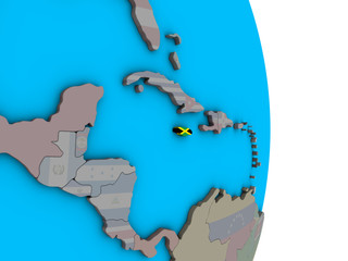 Jamaica with embedded national flag on simple political 3D globe.