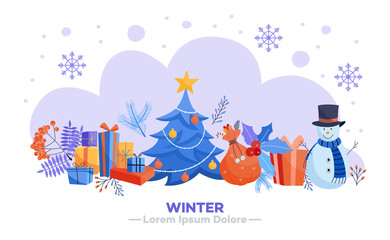 Fototapeta na wymiar Winter holidays horizontal banner - various Christmas and New Year symbols isolated on white background. Flat vector illustration of seasonal traditional elements on congratulation card.