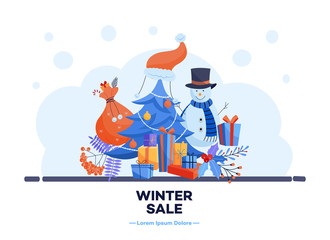 Winter sale poster with decorated christmas tree with present boxes with ribbons, snowman in hat and scarf, santa bag with gifts and abstract florals. Merry christmas, new year discount, sale vector