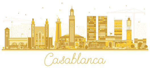 Casablanca Morocco City Skyline Silhouette with Golden Buildings.