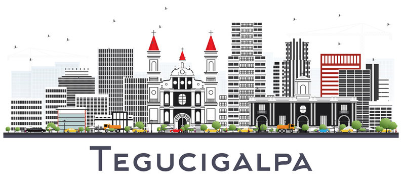 Tegucigalpa Honduras City Skyline with Color Buildings Isolated on White.