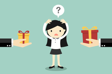 Business concept, Business woman feels stuck between two gift boxes. Vector illustration.