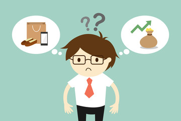 Business concept, Businessman feels stuck between two choices. Vector illustration.