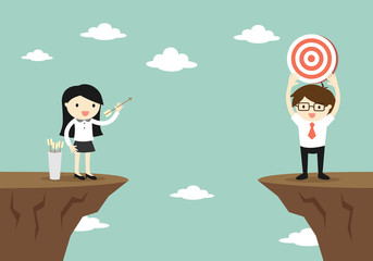 Business concept, Business woman shooting an arrow to dartboard. Vector illustration.