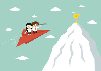Business concept, Businessman and business woman flying to the top of mountain for get the golden trophy. Vector illustration.