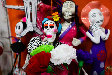 Colorful Catrina Figurines for Day of the Dead at Market in Mexico City