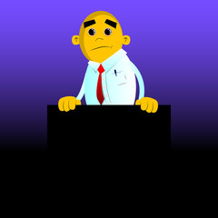 Obraz premium Yellow man holding blank black sign. Vector cartoon illustration.