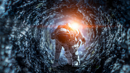 Astronaut starting to run. Mixed media