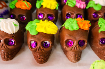 Decorated Chocolate Skulls for Day of the Dead at Market in Mexico CIty