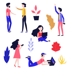 Fototapeta na wymiar Vector social communication concept set with young women, men standing, lying and sitting taping, chatting, sending messages at laptop, tablet smartphone and communicating. Flat illustration