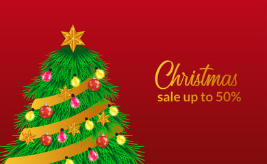 Naklejka na ściany i meble Christmas sale banner template with illustration of tree with decoration