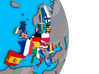 European Union with embedded national flags on simple political 3D globe.