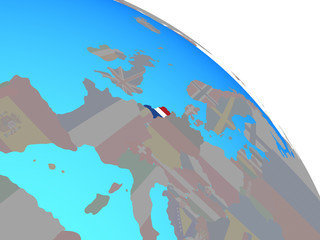 Netherlands with national flag on simple blue political globe.