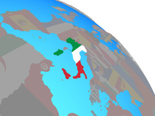 Italy with national flag on simple blue political globe.