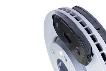 Brake discs and brake pads isolated on white background. Auto parts. Brake disc rotor isolated on...