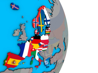 Schengen Area members with flags on 3D globe