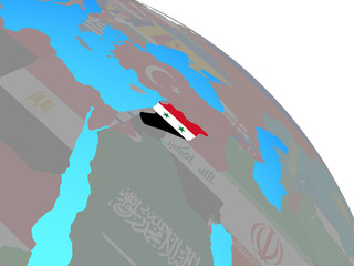 Syria with national flag on simple blue political globe.