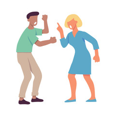 Obraz premium Vector illustration of quarrelling and shouting people clenching their fists in flat style isolated on white background. Screaming angry male and female characters having conflict.