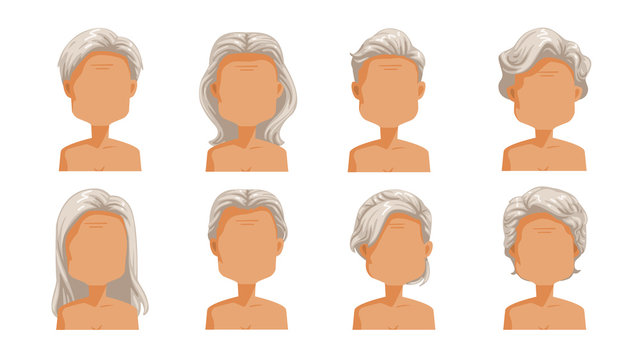 Grey hair Elderly woman hair. Grey hair set of women cartoon hairstyles. Collection of fashionable stylish types.Vector icon illustration isolated on white background.
