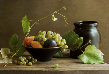 Still Life with Fruit Bowl and Grapevine - obrazy, fototapety, plakaty