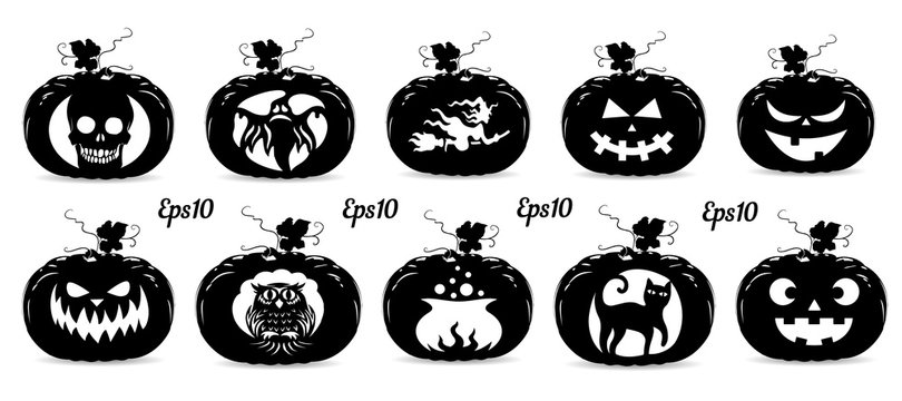 Collection of pumpkins for the holiday of Halloween, silhouette for design on a white background,