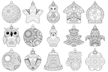 Zentangle stylized Christmas set of decorations. Hand Drawn lace vector illustration