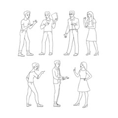 Fototapeta na wymiar Argue vector illustration set with conflicting aggressive young men and women in sketch style isolated on white background. Misunderstanding of disputing male and female characters.