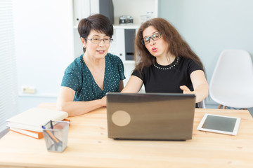 Business, technology and people concept - two women discuss a project watching in laptop