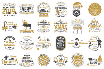 Set of Merry Christmas and Happy New Year stamp, sticker set with snowflakes, hanging christmas ball, santa hat, candy.