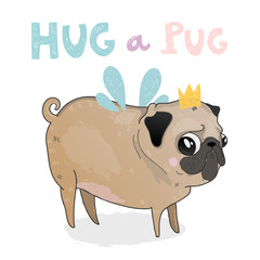 Hug a Pug. Cute puppy with tiny wings. Colored vector illustration