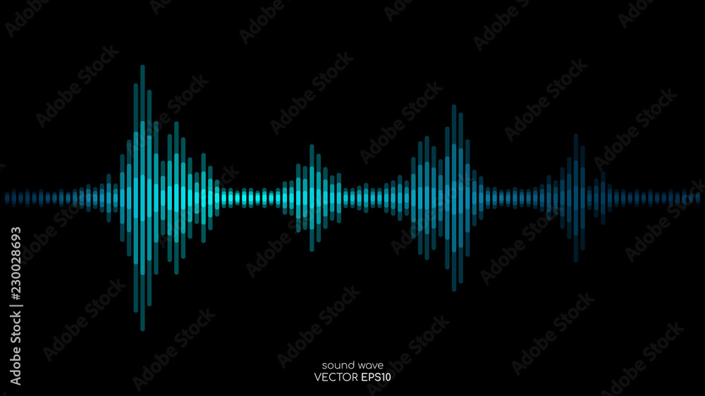 Poster vector sound wave in blue green color light dynamic flowing on black background in concept of music,