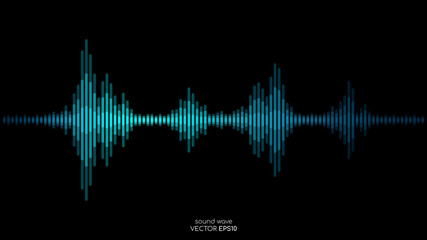 Vector sound wave in blue green color light dynamic flowing on black background in concept of music, sound, science or technology. - obrazy, fototapety, plakaty