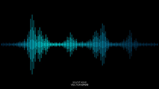 Vector sound wave in blue green color light dynamic flowing on black background in concept of music, sound, science or technology.