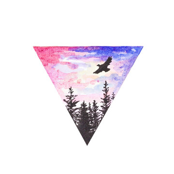 A black bird flies over a colored forest. Hand-drawn. Painted with pen and watercolor. Isolated on white background