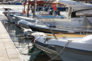 Modern yachts moored close up outdoor view