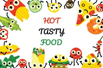 Naklejka premium Vector illustration fast food banner with border frame of various full meals and vegetable ingredients cartoon characters with cute smiling faces in flat style isolated on white background.
