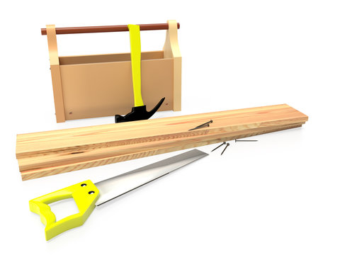 Hammer, hacksaw, toolbox, wooden planks and nails on white background, isolated. 3D rendering