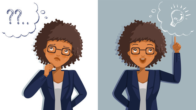 Business woman thinking. Emotions and gestures. Think not, do not understand, Think out. Concept The sharpness of the vision superior to competitors. Contradictory emotions.  illustrations vector. 