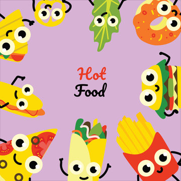 Vector illustration of fast food square banner with frame of hot and tasty full meals and vegetables cartoon characters with cute smiling faces on violet background in flat style.