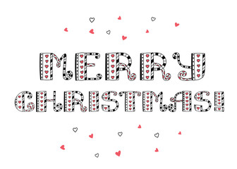 Merry Christmas! Vector English lettering. Hearts and line. Holiday. Print. Love