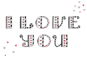 I love you. Vector English lettering. Heart and line. Valentines card. Red and black colors
