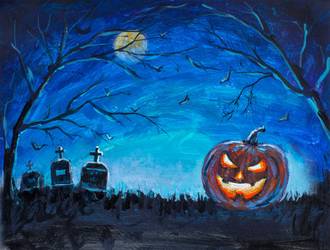 Original Painting Halloween Concept, Full Moon, Scary Trees, Glowing Evil Pumpkin, Cemetery Crosses On Graves At Night, Illustration Fine Art Paintings For Poster, Zombie Party, Postcard