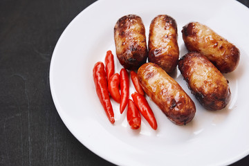 Thai food grilled pork sausage bbq or I-SAN sausage.