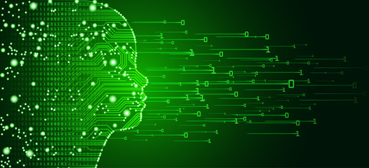 Big data and artificial intelligence concept. Machine learning and cyber mind education concept in form of child face outline with circuit board and binary data flow on green background.